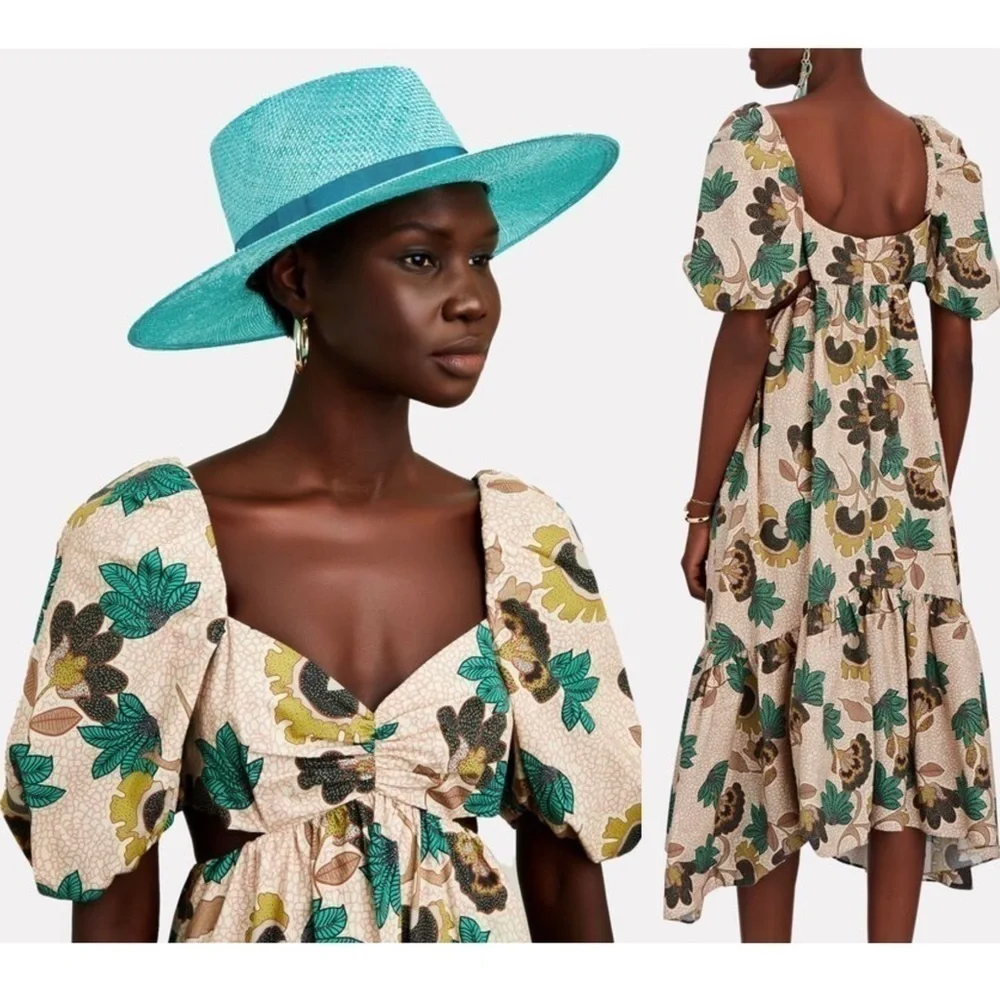 AUTUMN ADEIGBO Floral Print Puff Short Sleeve Cutout Tiered Ruffle Midi Dress 16